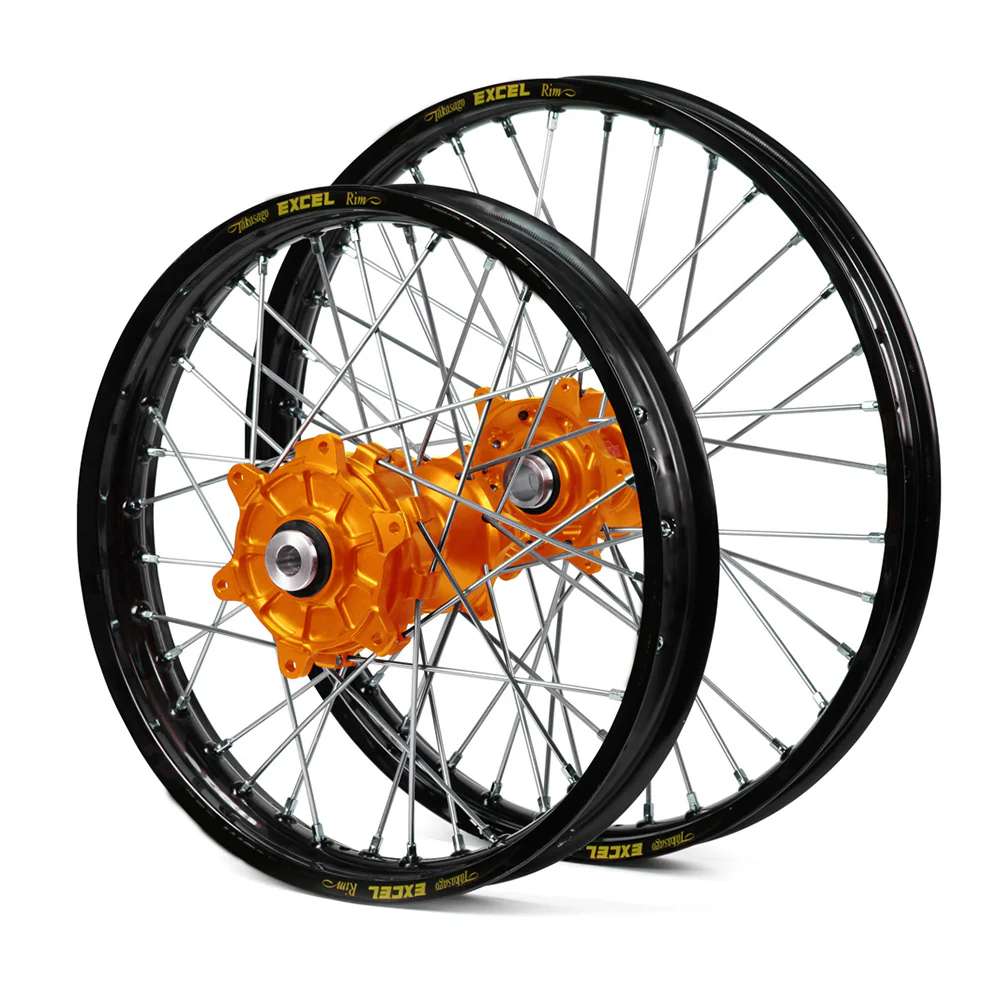 KTM Haan / Excel Enduro Cush Drive Black Rims / Orange Hubs Wheel Set SX-SXF 125-250-350-450 2003-2012 (21X1.60 / 18X2.15)