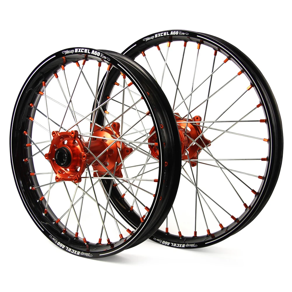 KTM Sm Pro / Excel A60 Snr MX Black Rim / Orange Hub / Orange Nipples Wheel Set SX-SXF 125-150-250-350 2003-2017 (21X1.60 / 18X2.15")