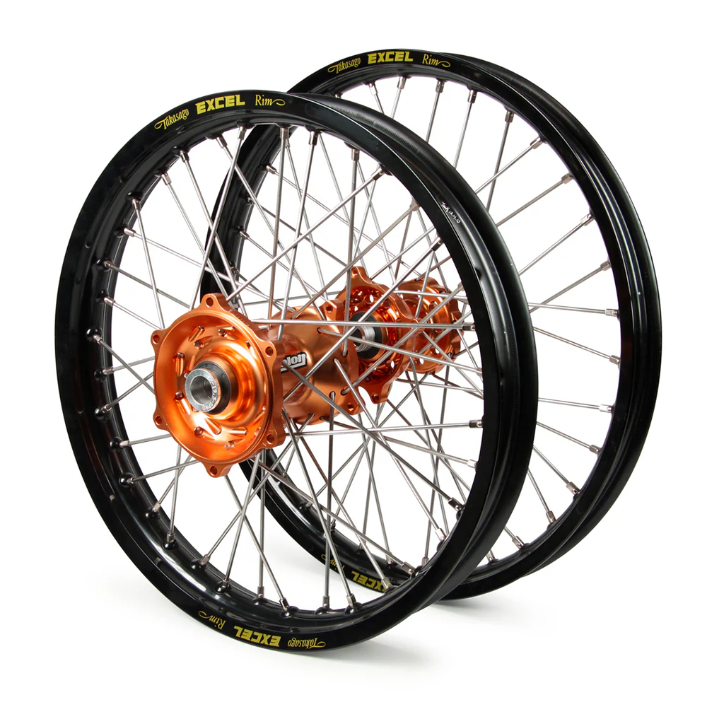 KTM Talon / Excel Snr MX Black Rims / Orange Hubs Wheel Set SX-SXF 125-250-350-450 2013-14 (21X1.6 / 19X2.15)