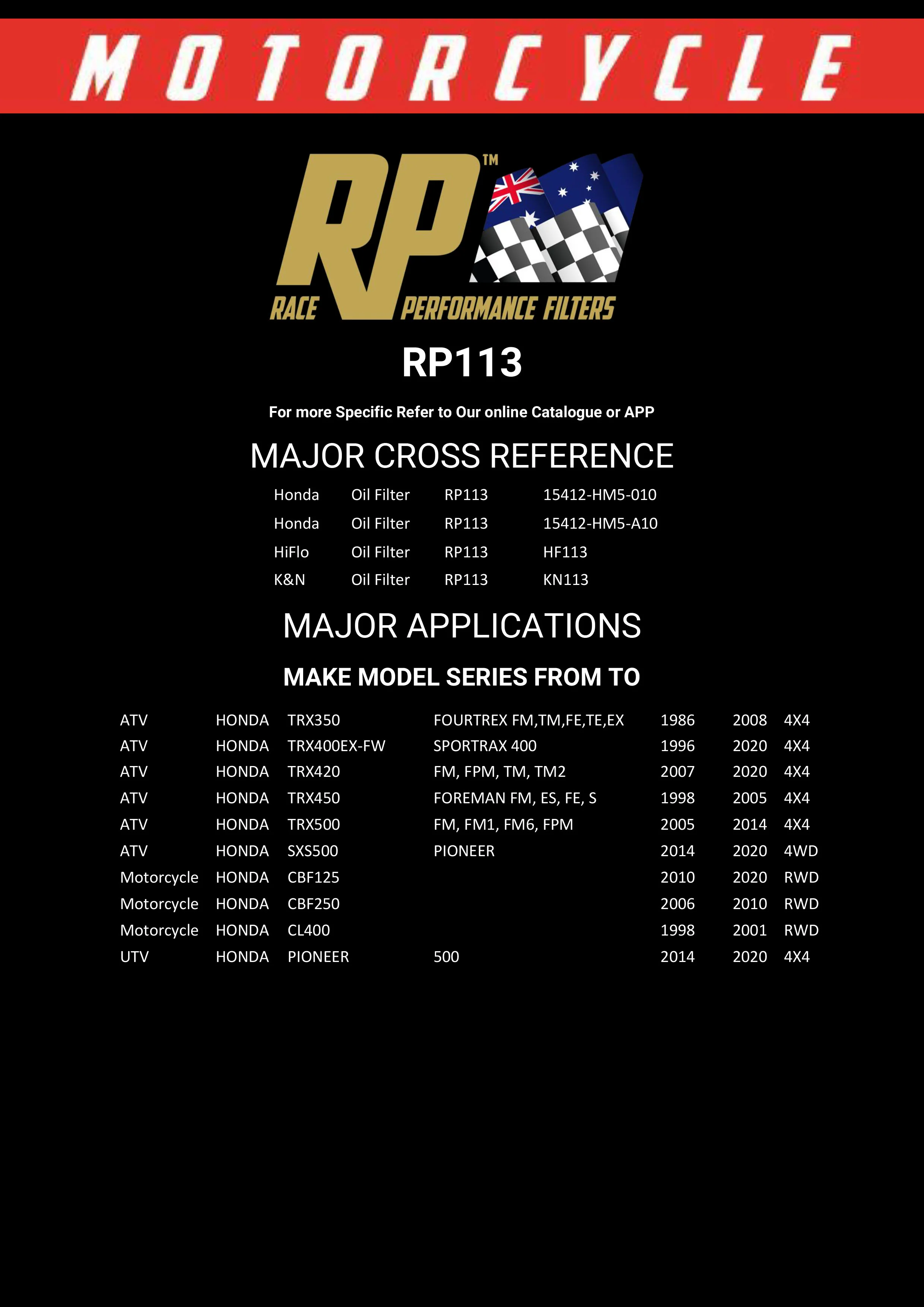 Race Performance Motorcycle Oil Filter - RP113 KN-113 - Image 3