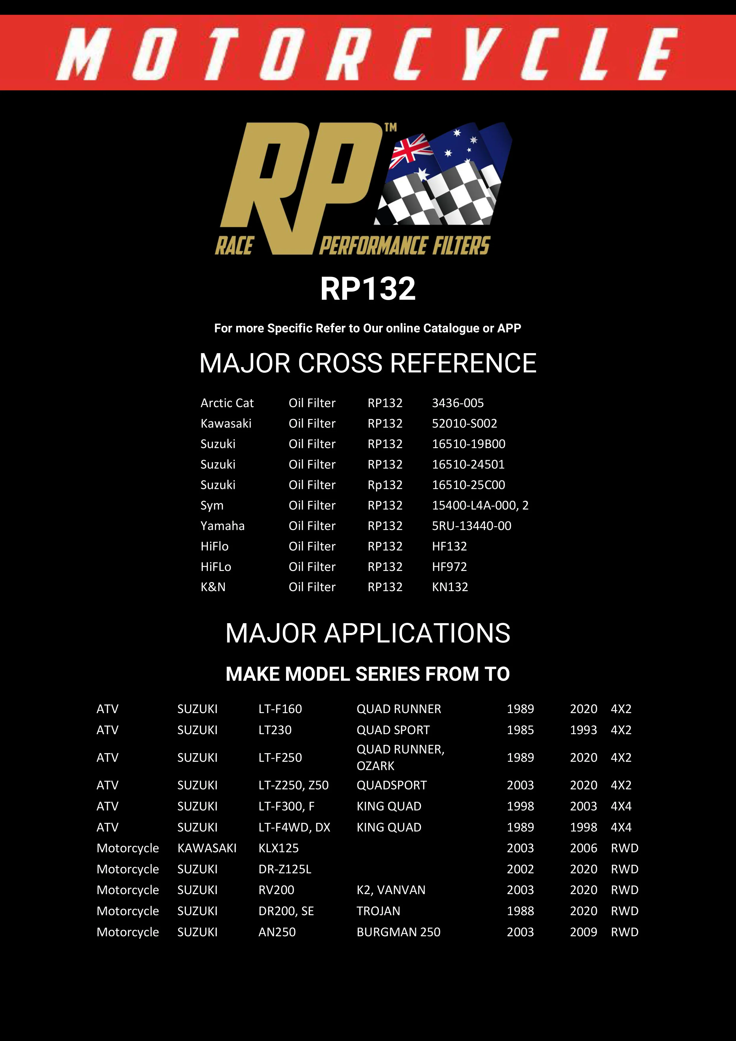 Race Performance Motorcycle Oil Filter - RP132 KN-132 - Image 3