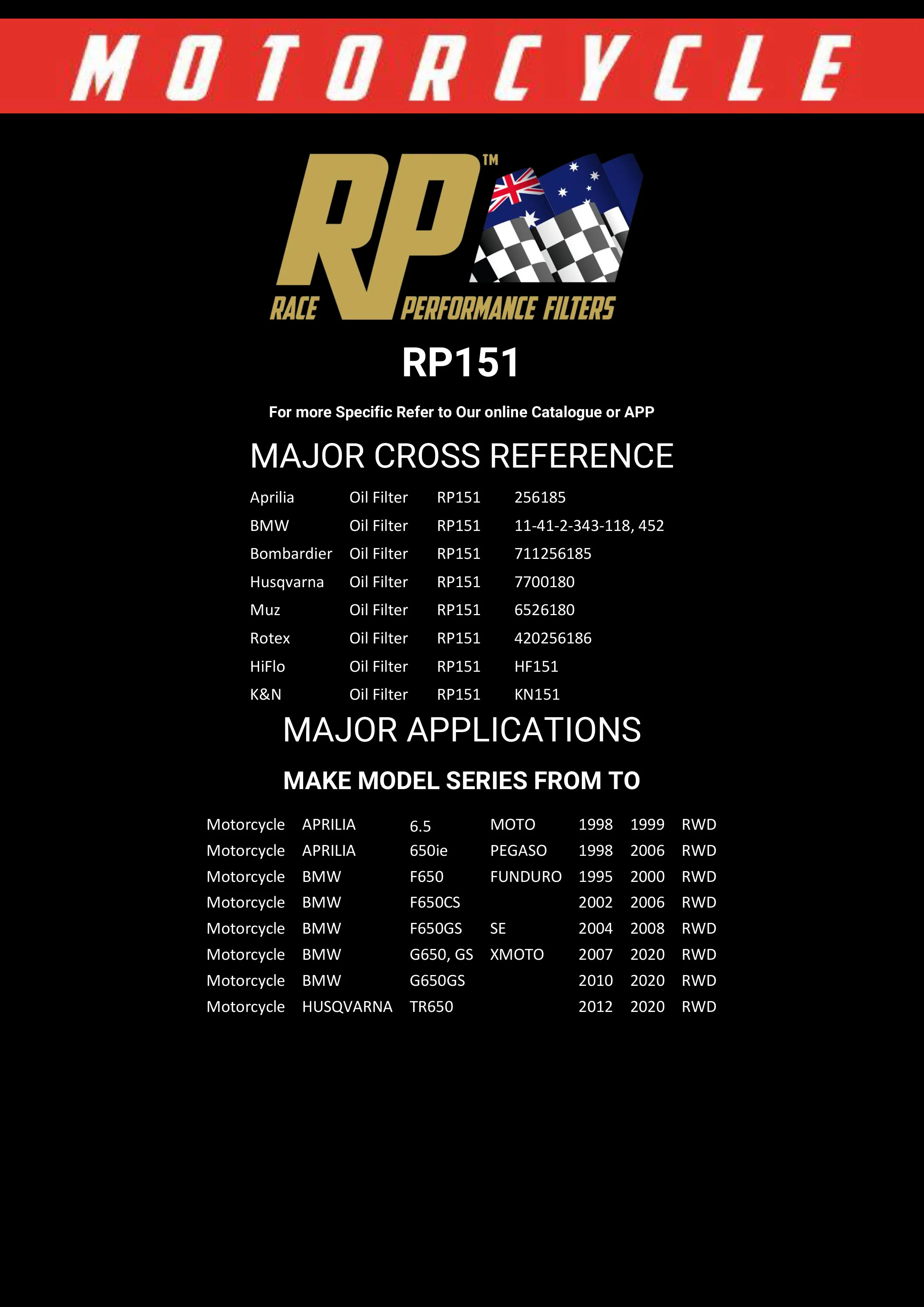 Race Performance Motorcycle Oil Filter - RP151 KN-151 - Image 3
