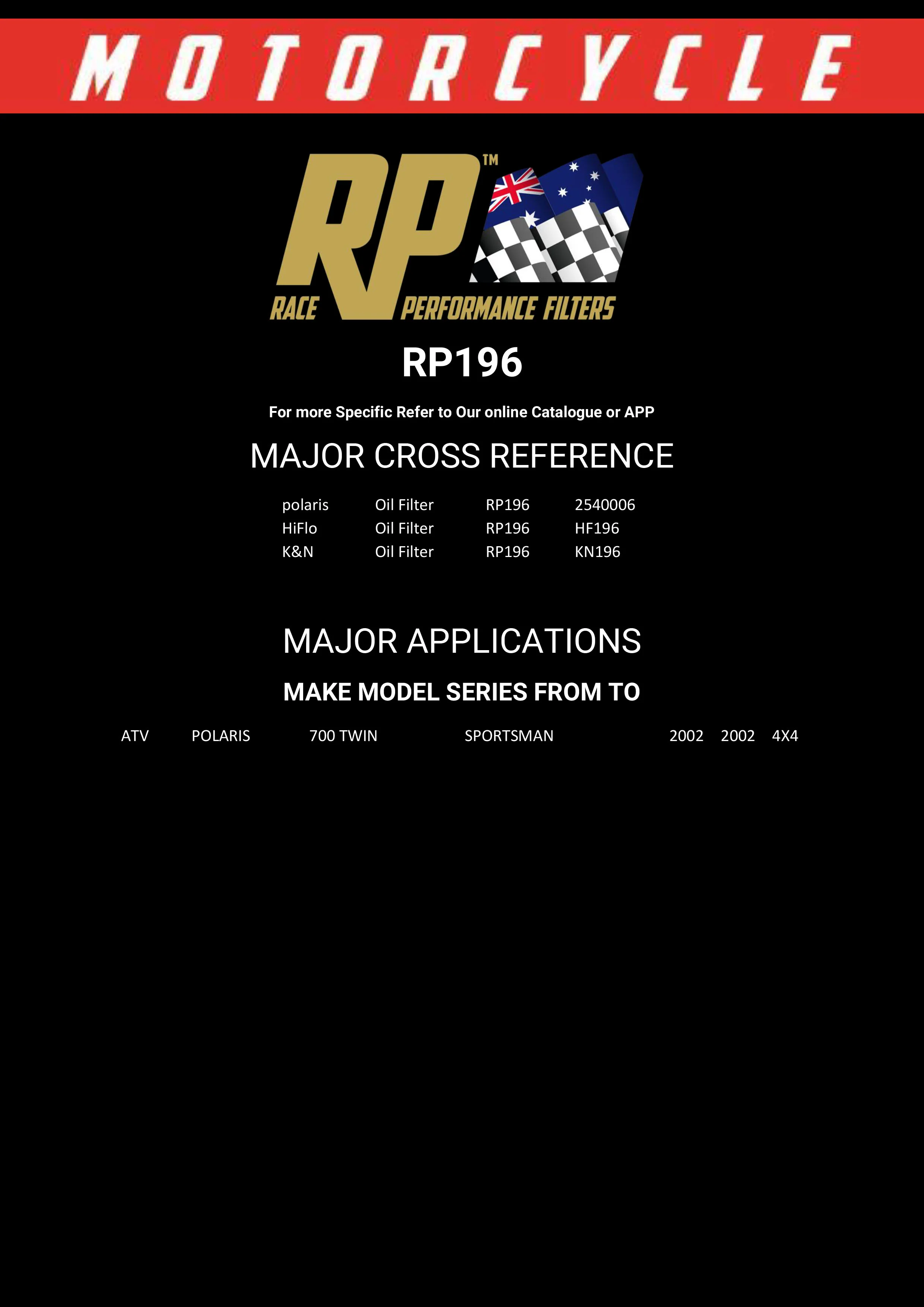 Race Performance Motorcycle Oil Filter - RP196 KN-196 - Image 2