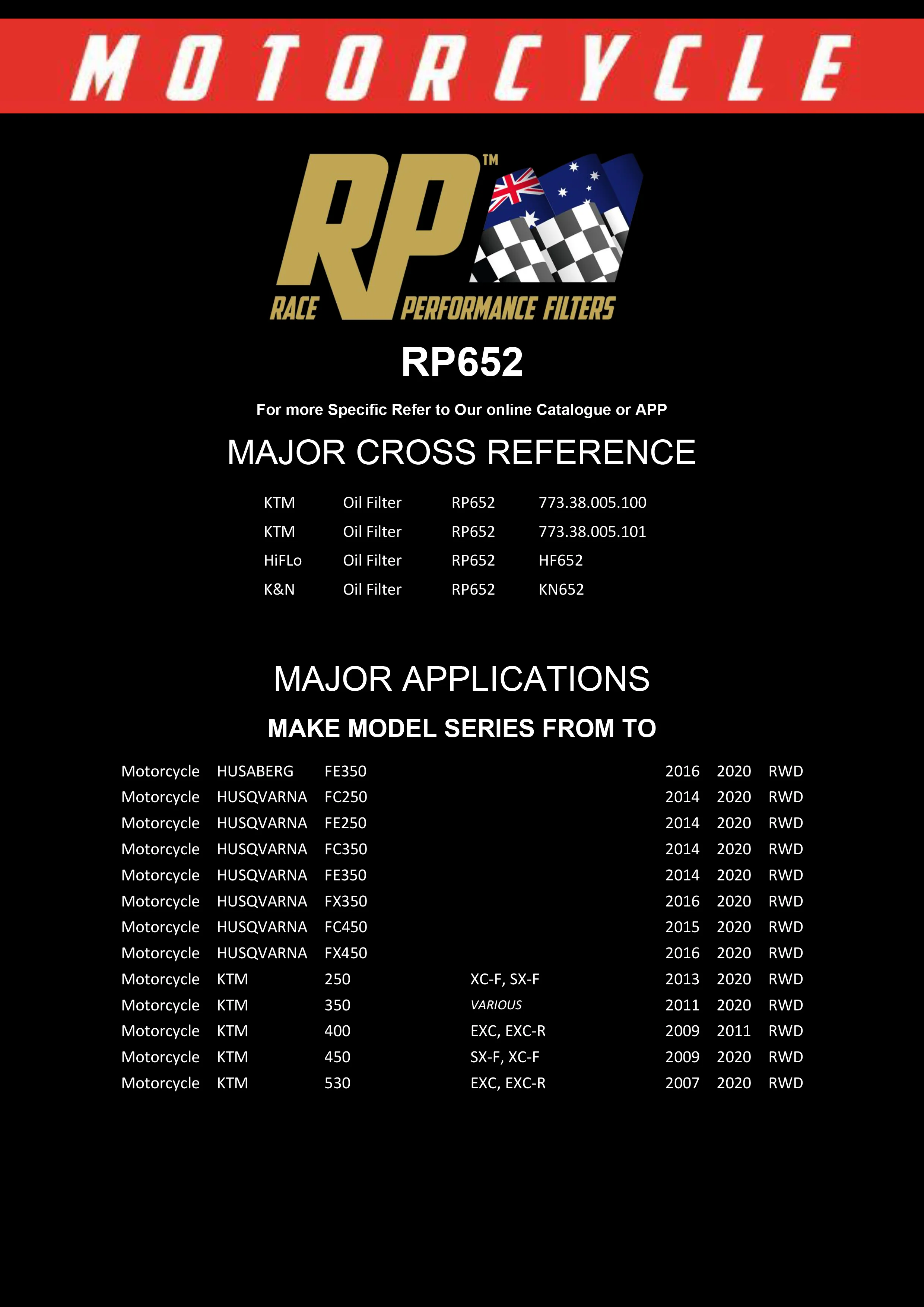 Race Performance Motorcycle Oil Filter - RP652 KN-652 - Image 2