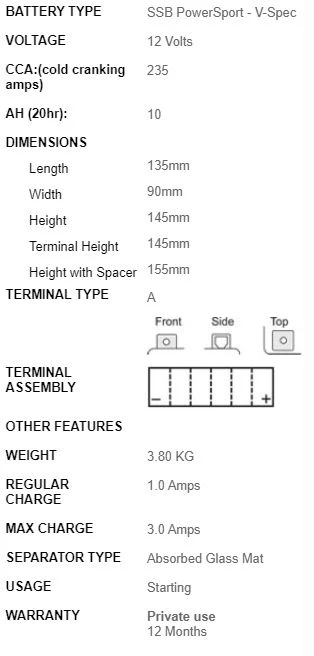 SSB Battery 12V Vb10L-A2 - Image 2