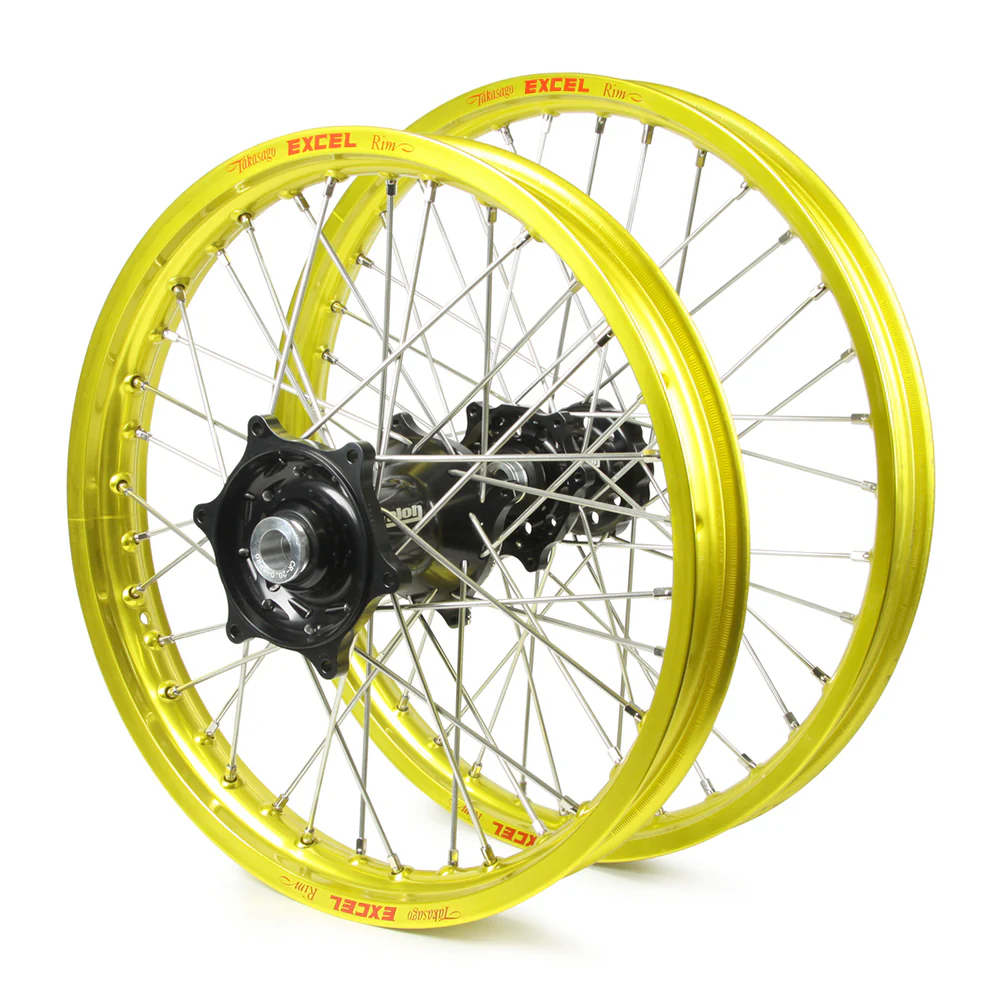 Suzuki Talon / Excel Snr MX Yellow Rims / Black Hubs Wheel Set RM 125-250 2001-09 (21X1.6 / 19X2.15)