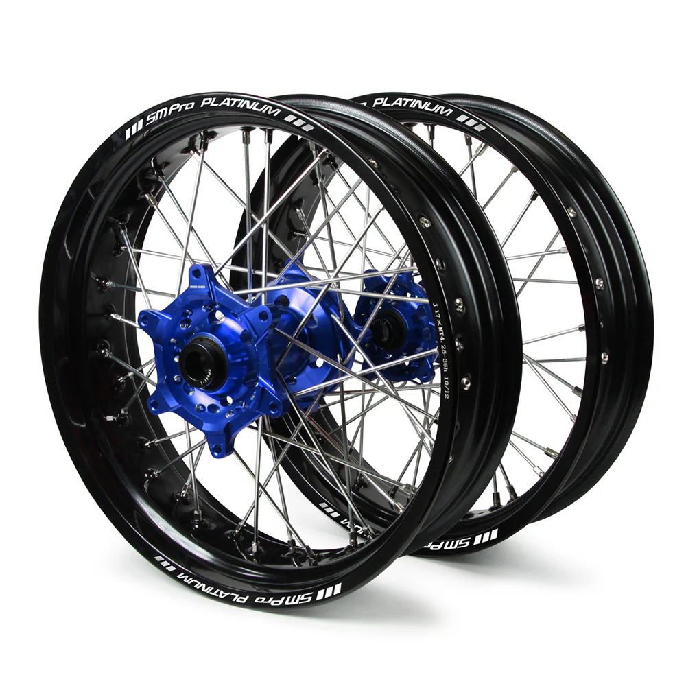 Yamaha Sm Pro / Platinum Supermoto Non Cush" Black Rims / Blue Hubs Wheel Set YZ 125-250 2008-2017 (17X3.50" / 17X4.25")